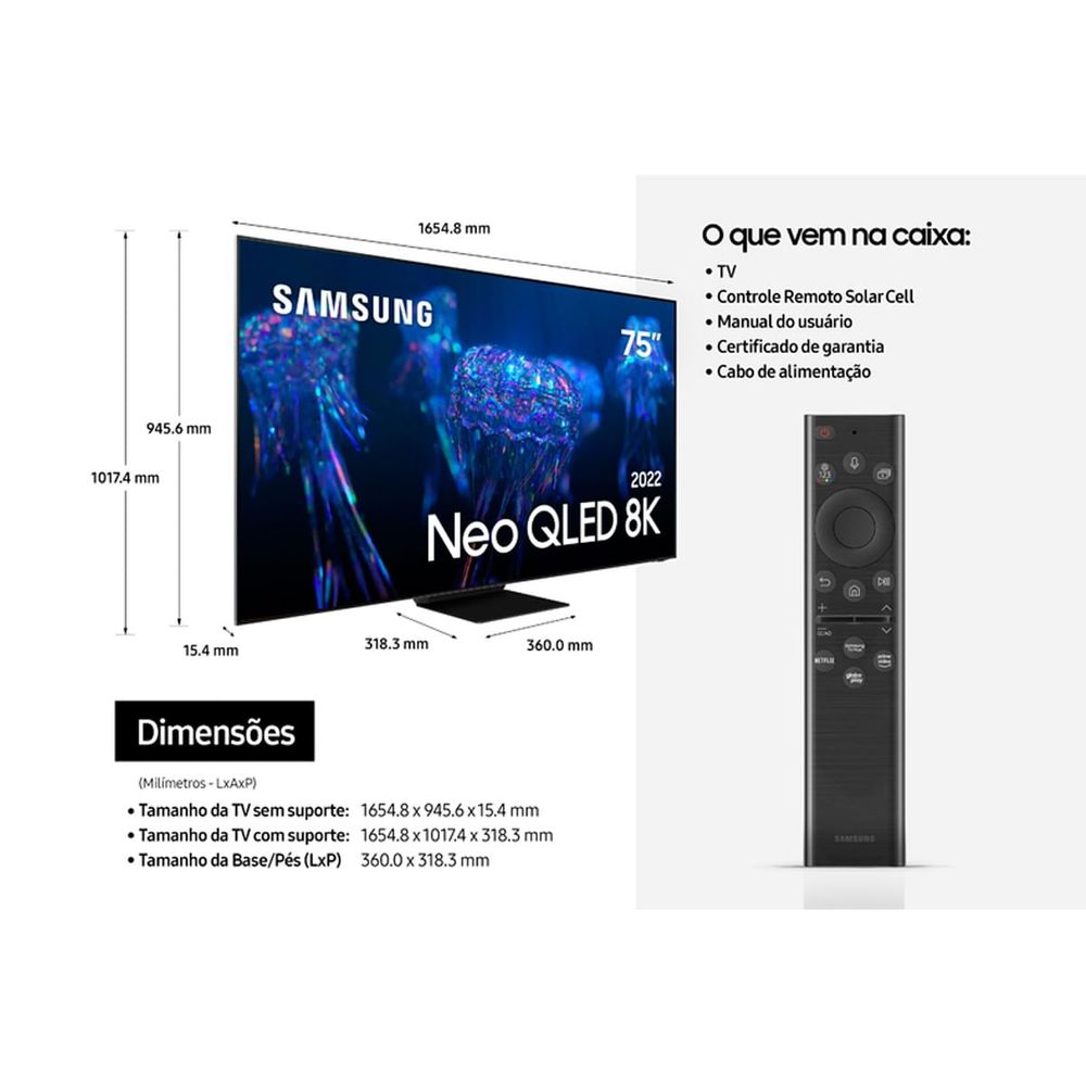 Smart TV Samsung 75 Neo Qled, Tela 8K e Painel 120hz Ultrafina QN800B ...